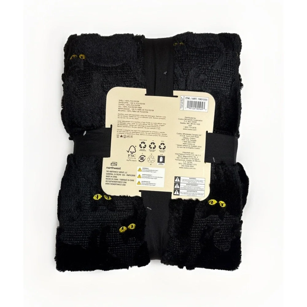 Costco Halloween Black Ghost Cat Faux Fur Throw Viral Blanket NWT